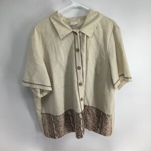 Studio C Plus Womens 26 Beige Linen Blend Snake Print Button Front Shirt K782437